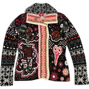 Oilily 100% Merino Wool Intarsia Novelty Cardigan Wearable Art Boho Folk Art L